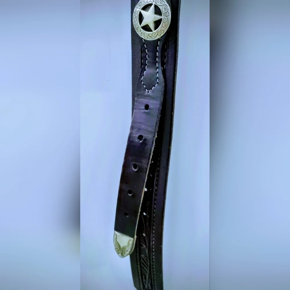 LEATHER MEN'S BELT WESTERN HANDMADE,  FILIGREE SILVER BUCKLE, ⭐ CONCHOS Sz 42-46 - Picture 7 of 15